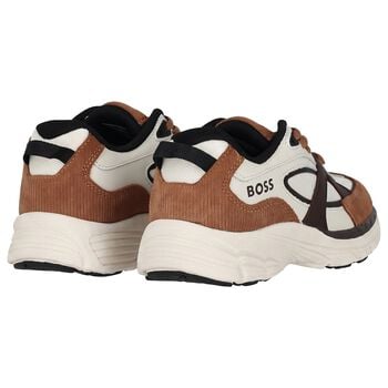 Boys White & Beige Logo Leather Trainers
