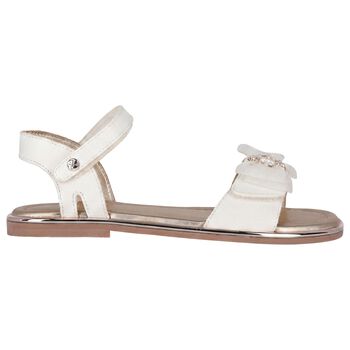 Girls White & Gold Leather Tulle Bow Sandal