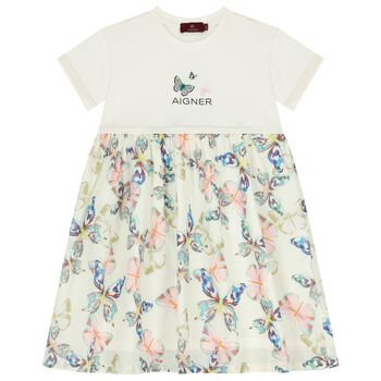 Girls Ivory Butterflies Logo Dress
