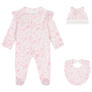 Baby Girls White & Pink Toile de Jouy Babygrow Set