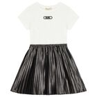 Girls Ivory & Grey Logo Dress, 1, hi-res