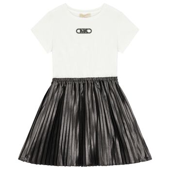 Girls Ivory & Grey Logo Dress
