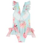 Girls Blue Floral Ruffled Swimsuit, 1, hi-res