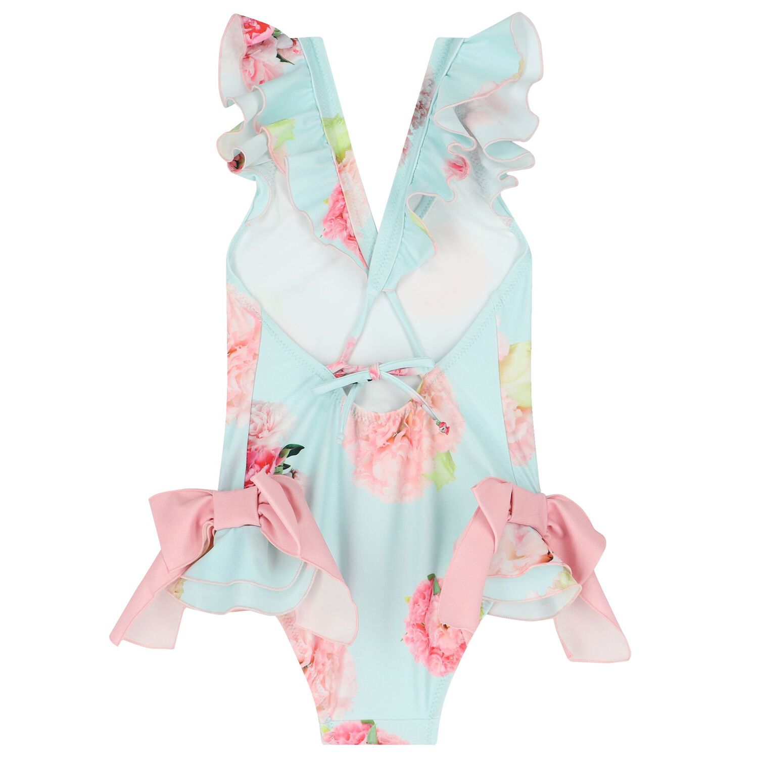 Girls Blue Floral Ruffled Swimsuit, 1, hi-res