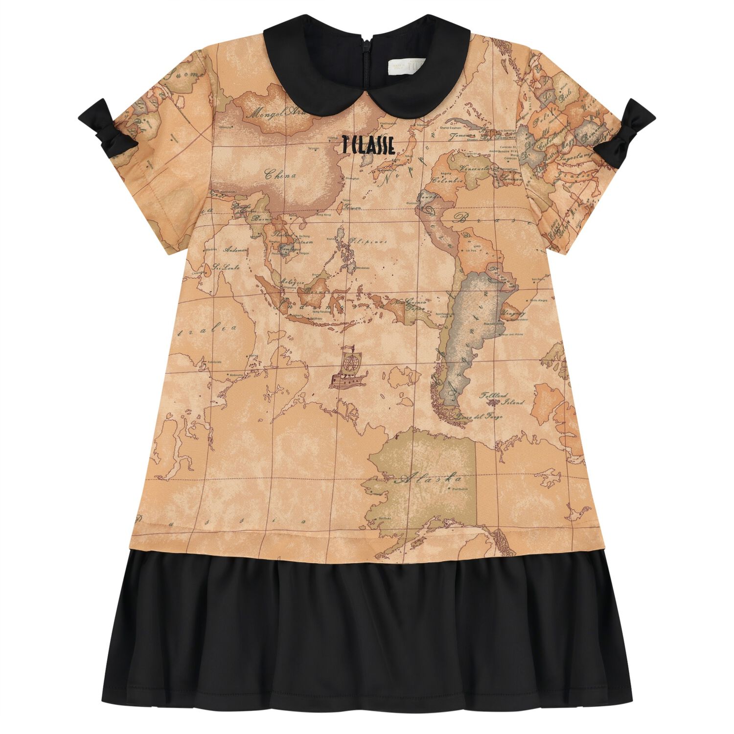 Girls Beige & Black Logo Geo Map Dress, 1, hi-res