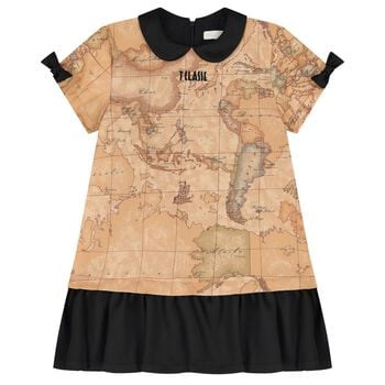 Girls Beige & Black Logo Geo Map Dress