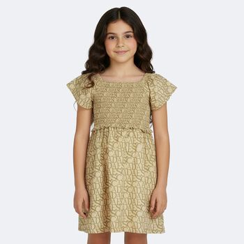 Girls Beige & Gold Logo Smocked Dress