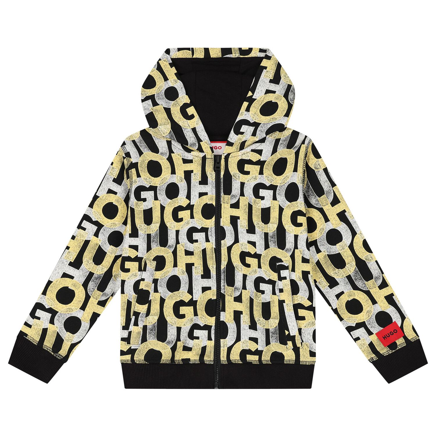 Boys Black Monogram Hooded Zip-Up Top, 1, hi-res
