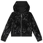 Girls Black Sequins Hooded Zip Up Top, 2, hi-res