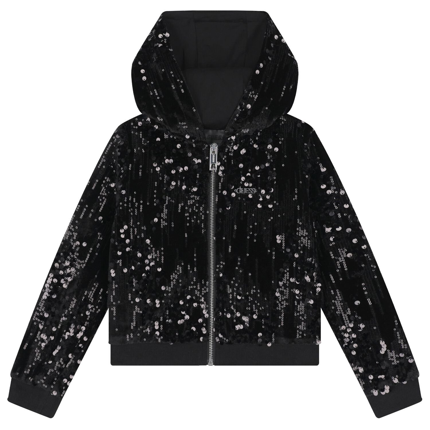 Girls Black Sequins Hooded Zip Up Top, 2, hi-res