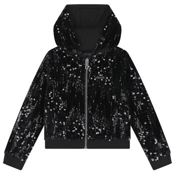 Girls Black Sequins Hooded Zip Up Top