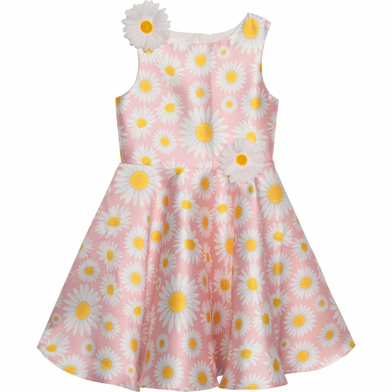 Girls Pink Satin Daisy Dress, 1, hi-res