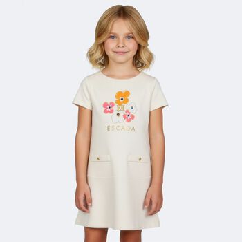 Girls Ivory Floral Logo Dress
