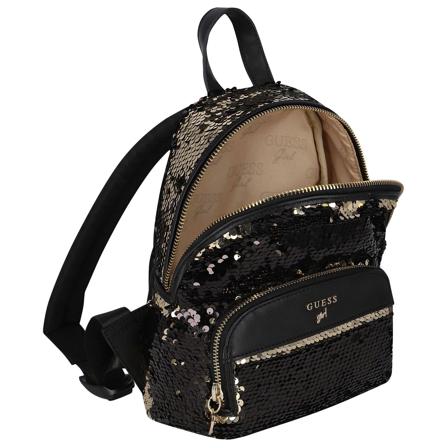 Younger Girls Gold & Black Logo Sequin Backpack, 1, hi-res image number null