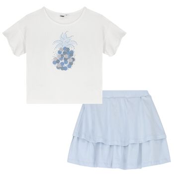 Girls White & Blue Embellished Skirt Set