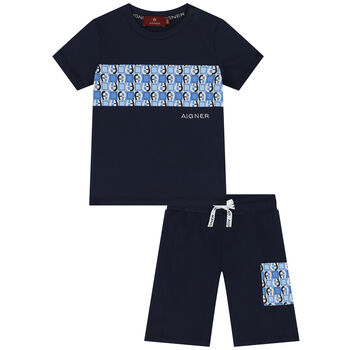 Younger Boys Navy Blue Logo Shorts Set