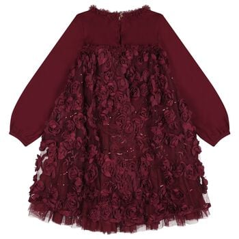 Girls Burgundy 3D Flower & Sequin Tulle Margot Dress