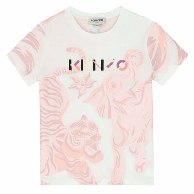 Girls White & Pink Logo Tiger T-Shirt