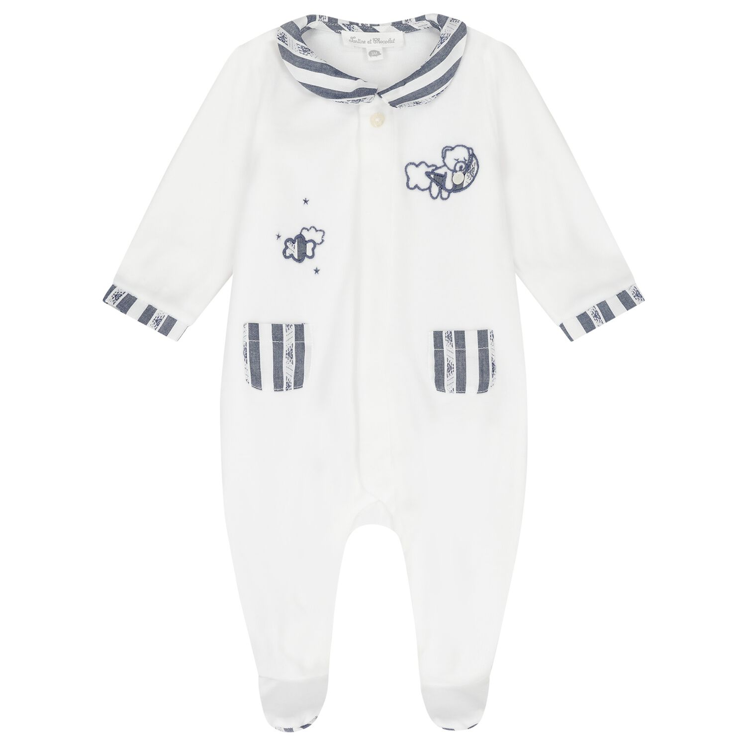 Baby Boys White Striped Collar Babygrow, 1, hi-res