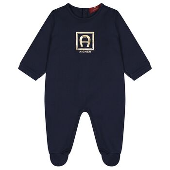 Baby Boys Navy Blue & Gold Logo Babygrow