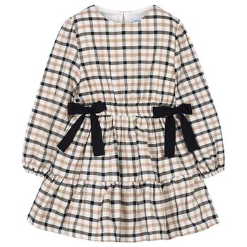 Girls Ivory & Black Bow Checkered Dress