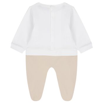 Baby Boys White & Beige Logo Babygrow