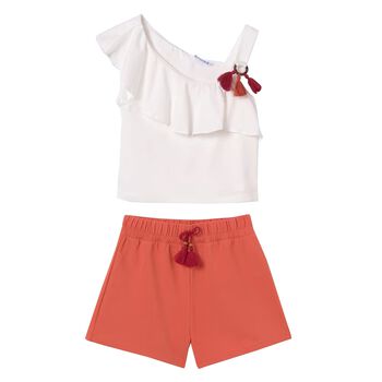 Girls White & Orange Shorts Set