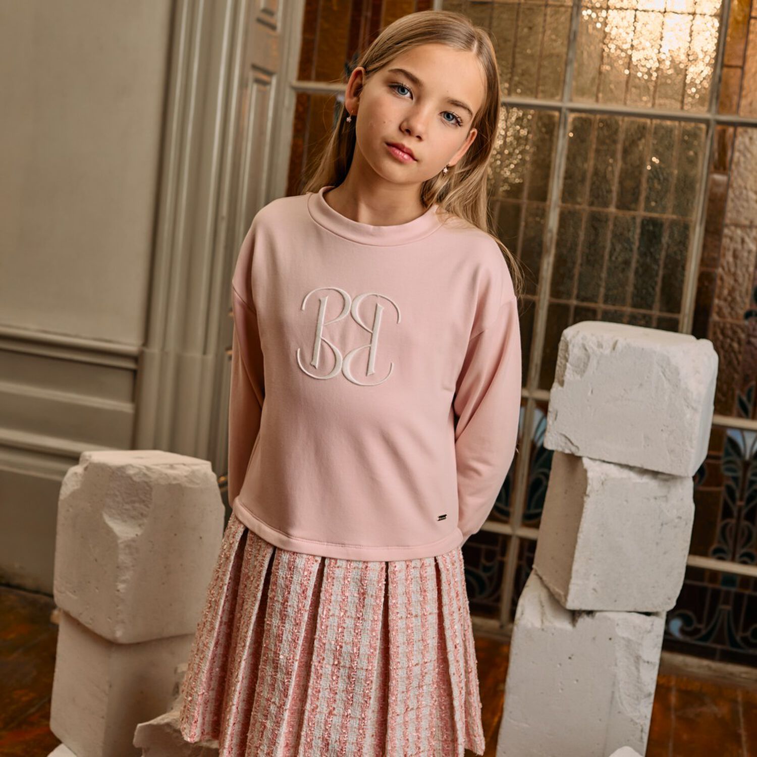 Girls Pink Tweed Sweatshirt Dress, 1, hi-res