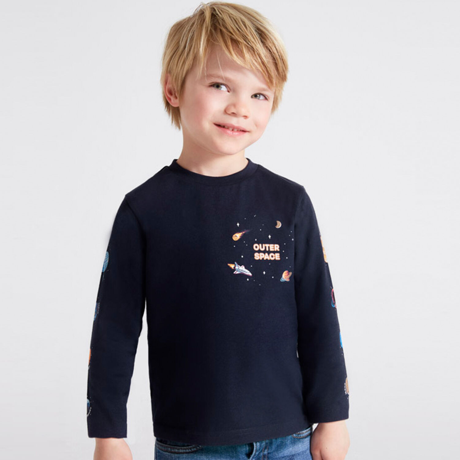 Boys Navy Space Long Sleeve Top, 1, hi-res