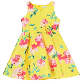 Abel & Lula Girls Yellow Floral Satin Dress, 1 Girls Yellow Floral Satin Dress