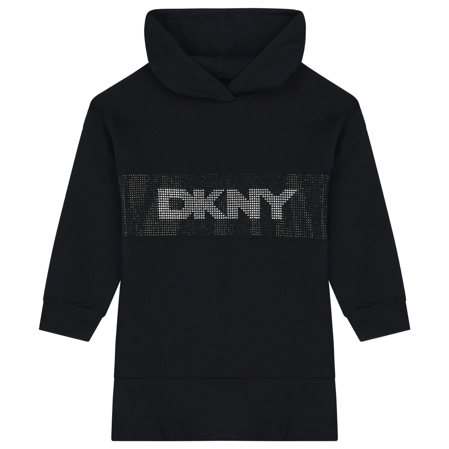 Girls Black Rhinestone Logo Hooded Dress, 1, hi-res image number null