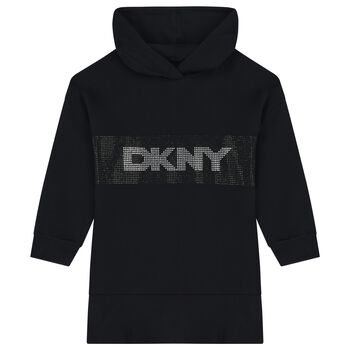 Girls Black Rhinestone Logo Hooded Dress