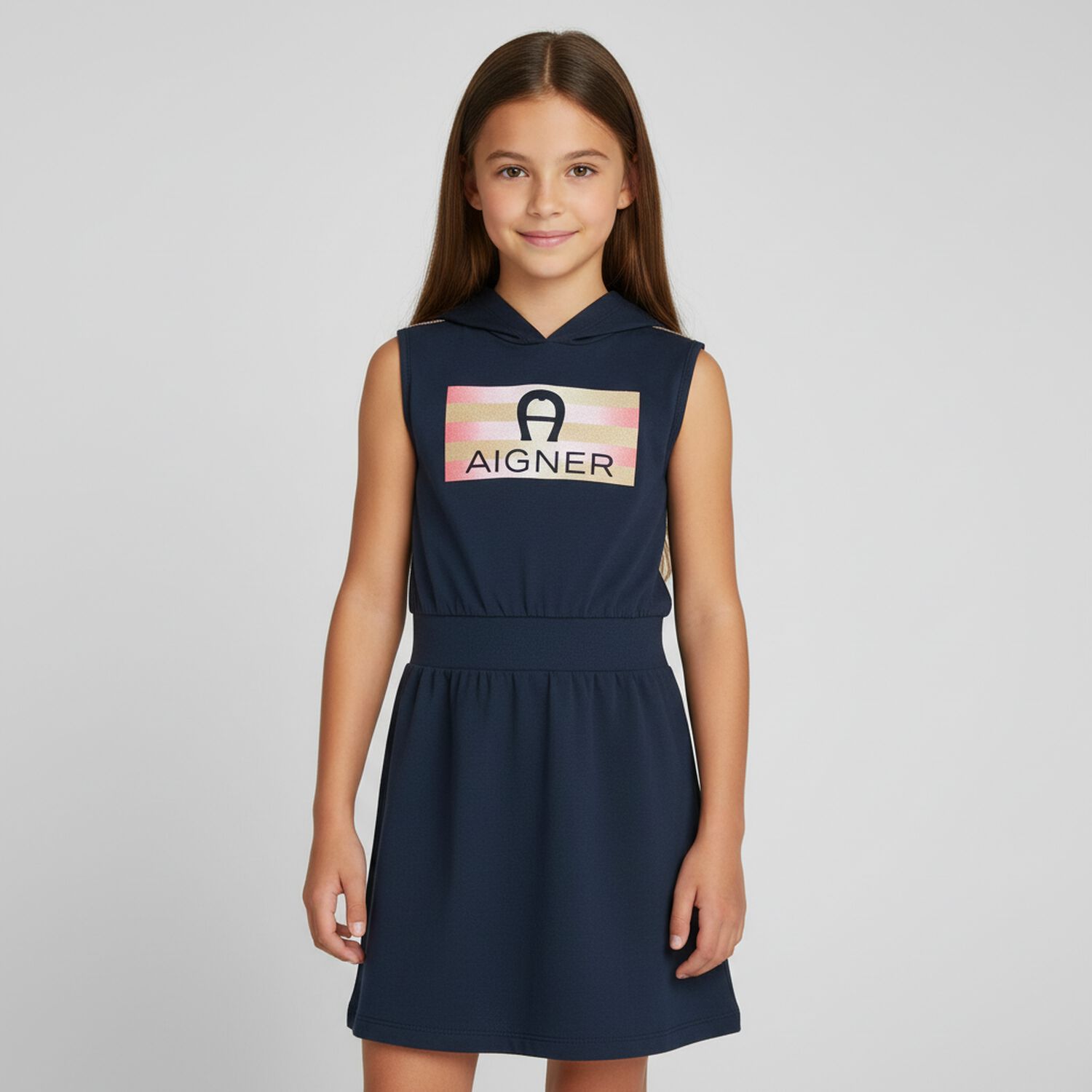 Girls Navy Hooded Logo Dress , 2, hi-res