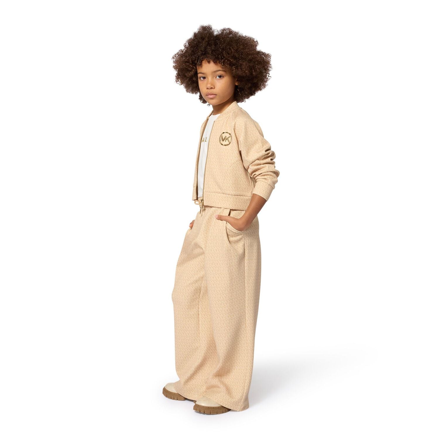 Girls Beige Logo Trousers, 1, hi-res