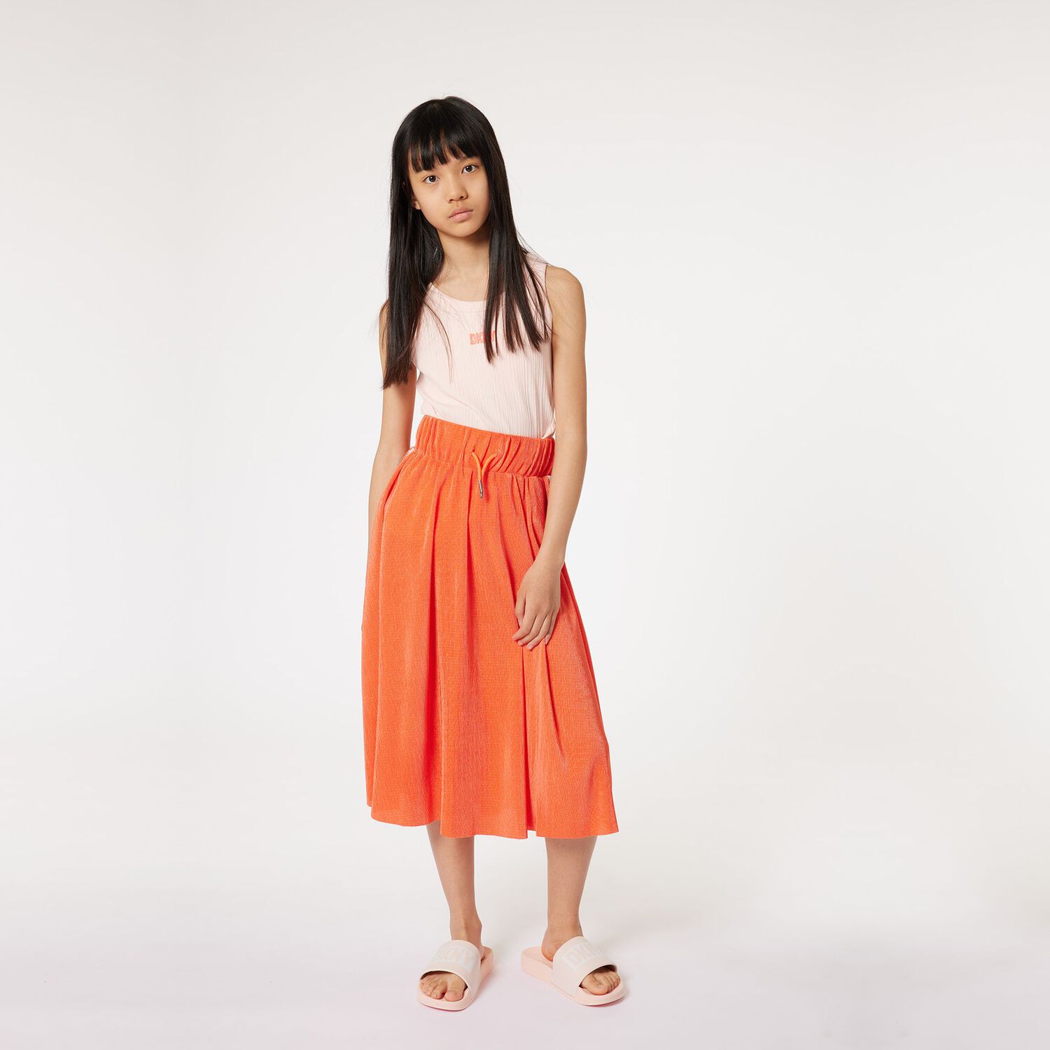 Girls Orange Plissé Logo Skirt, 1, hi-res image number null
