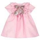 Girls Pink Bow Satin Dress, 2, hi-res