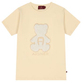 Girls Beige Faux Fur Teddy Bear Logo T-Shirt