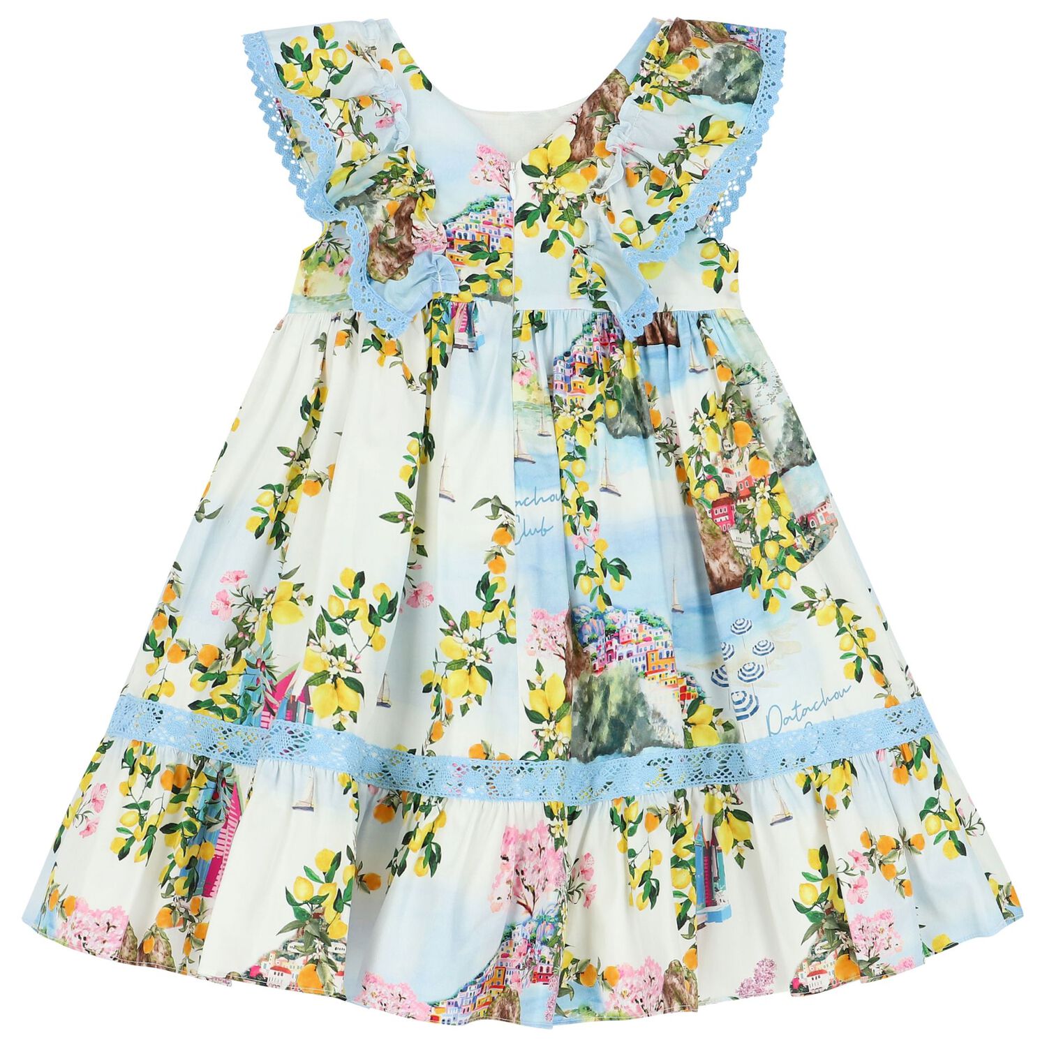 Girls White & Blue Floral Dress, 1, hi-res