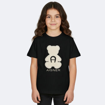 Girls Black Faux Fur Teddy Bear Logo T-Shirt