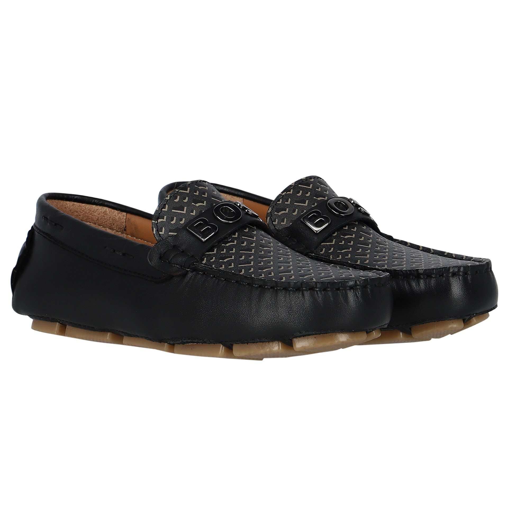 BOSS Boys Black Leather Monogram Moccasins Junior Couture UK