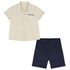 Boys Beige & Navy Blue Striped Shorts Set, 3, hi-res