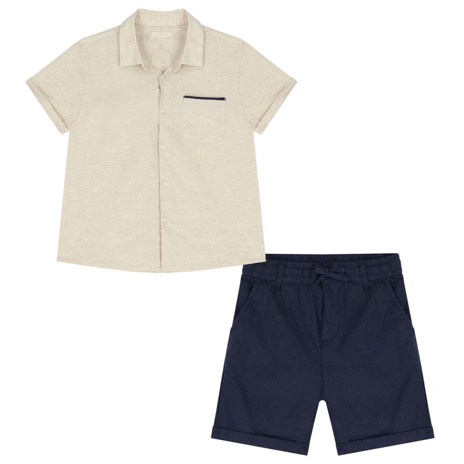 Boys Beige & Navy Blue Striped Shorts Set, 3, hi-res