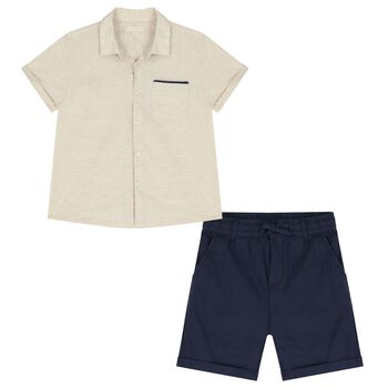Boys Beige & Navy Blue Striped Shorts Set
