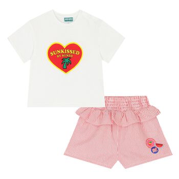 Younger Girls White & Red Logo Shorts Set