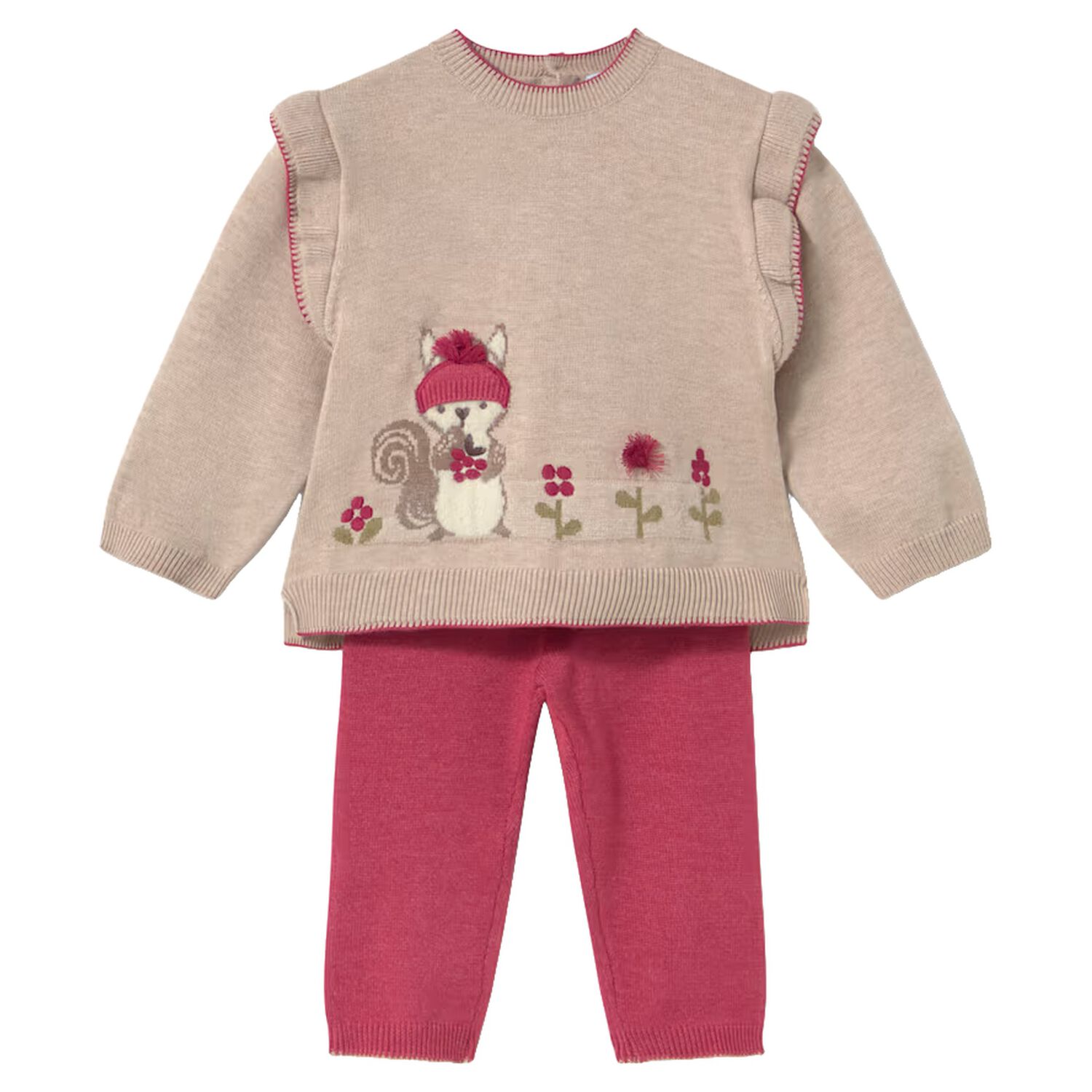 Younger Girls Beige & Pink Teddy Bear Knitted Tracksuit, 2, hi-res