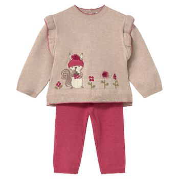 Younger Girls Beige & Pink Teddy Bear Knitted Tracksuit