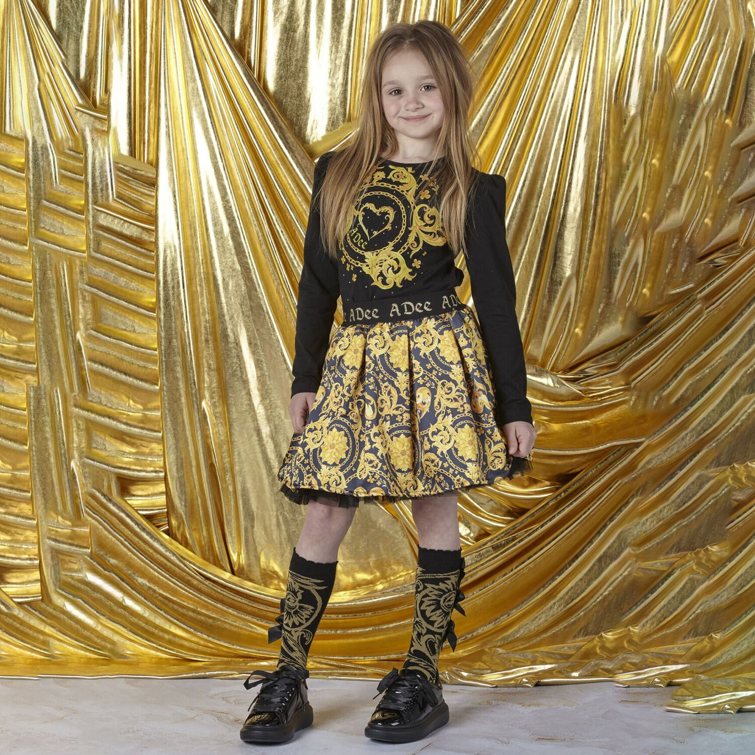 Girls Black & Gold Skirt Set, 1, hi-res