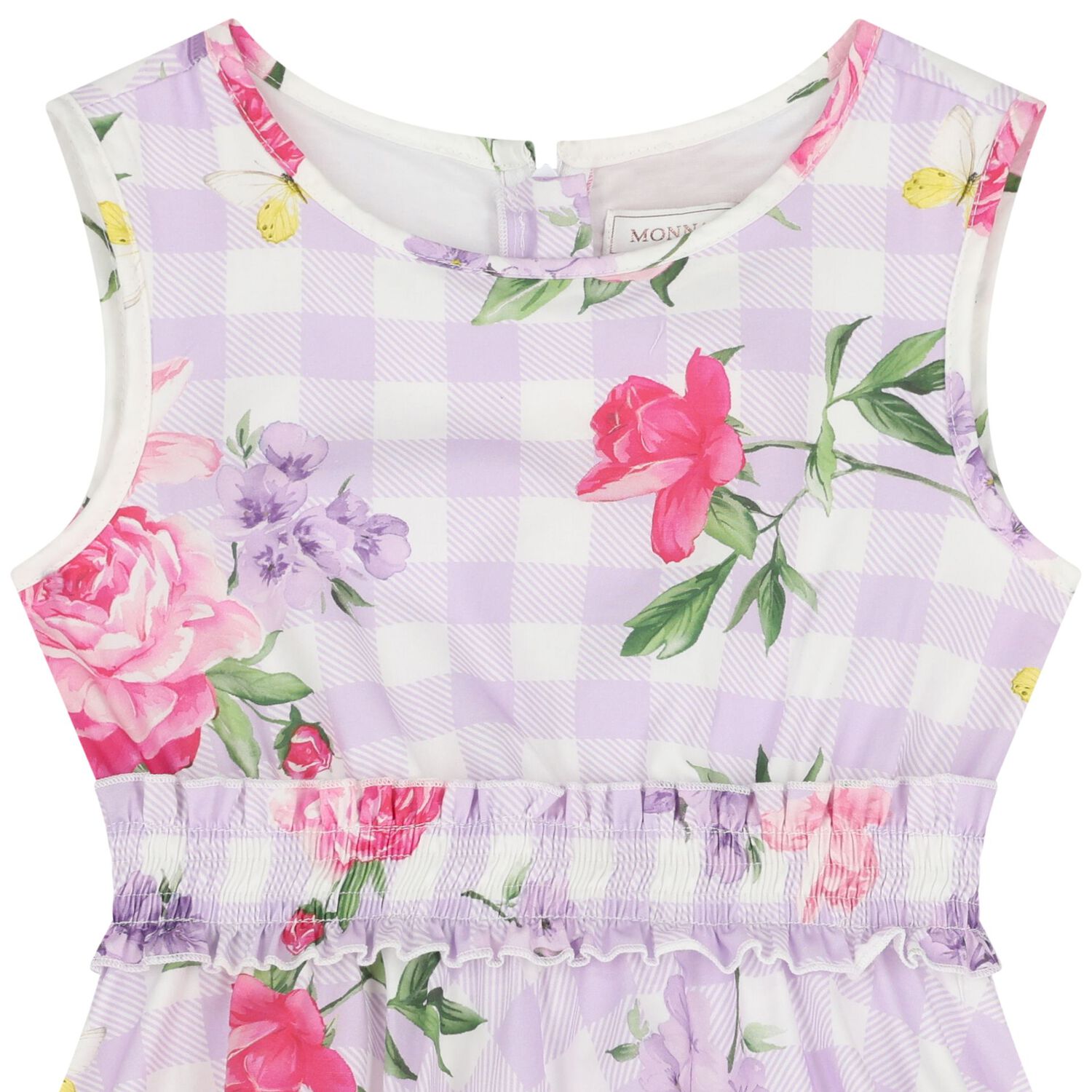 Girls Lilac & White Floral Gingham Dress, 1, hi-res