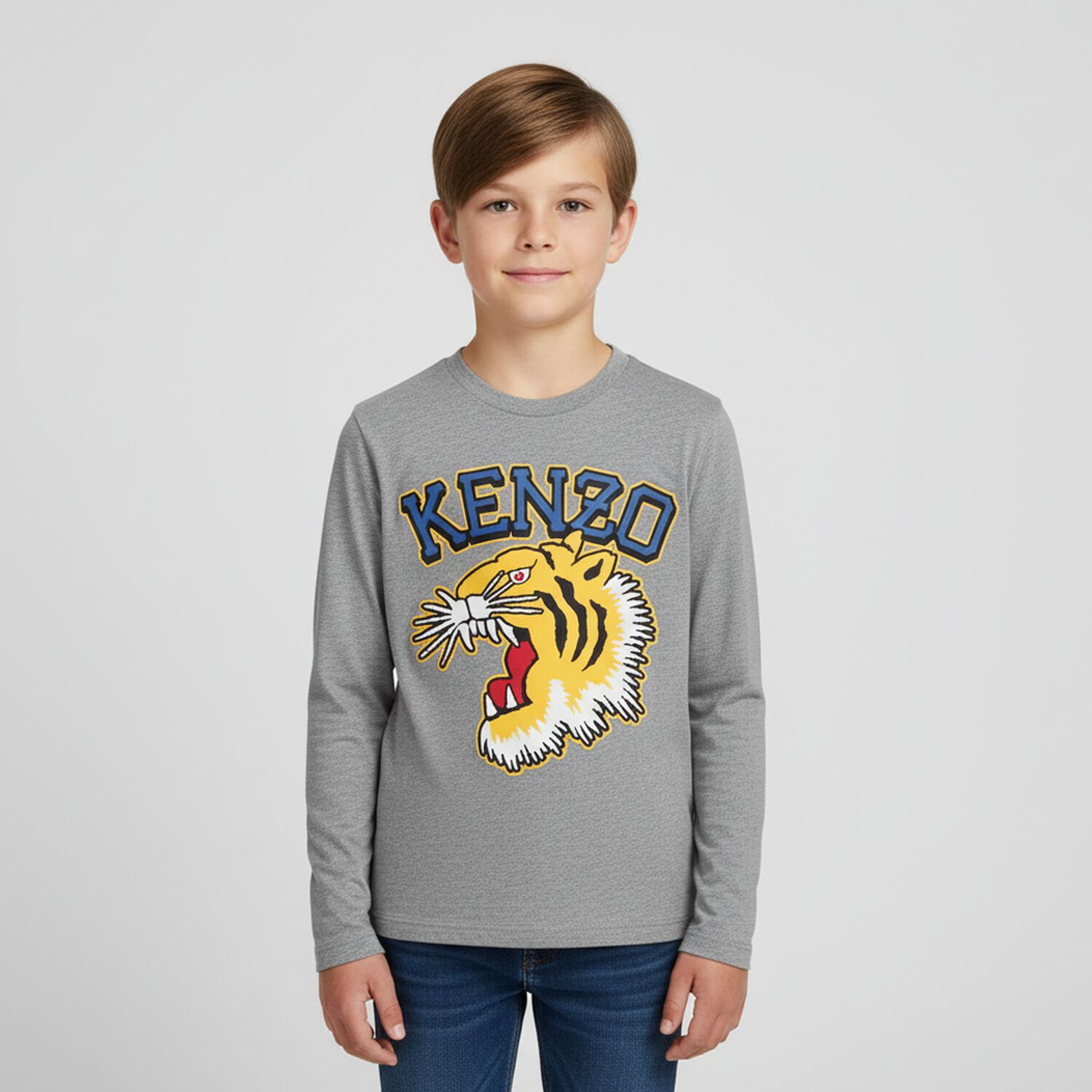 Boys Grey Tiger Logo Long Sleeve Top, 2, hi-res