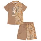 Boys Beige Geo Map Logo Shorts Set, 1, hi-res